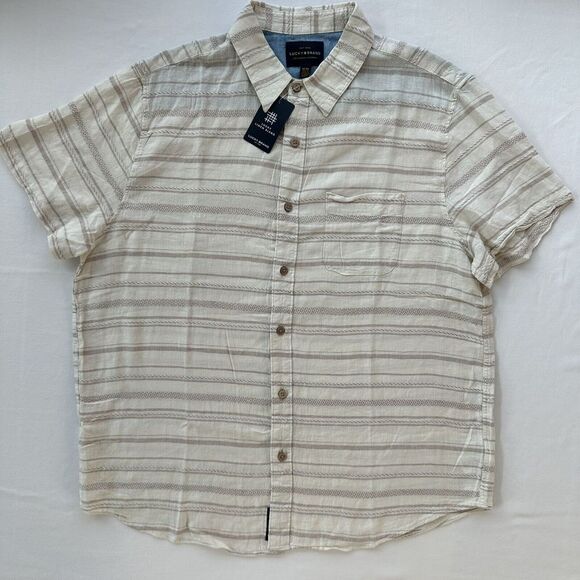 Lucky Brand Men's Medium Short Sleeve Button Up Shirt Linen Blend Beige Striped‎ - Picture 3 of 5